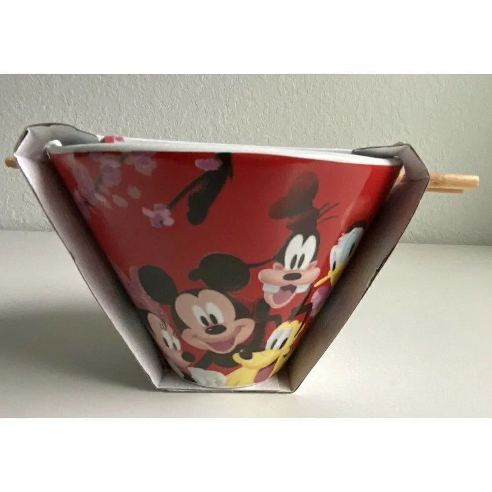 Disney Mickey Mouse Ramen Noodle Bowl Chopsticks Minnie Goofy Cherry Blossom NWT